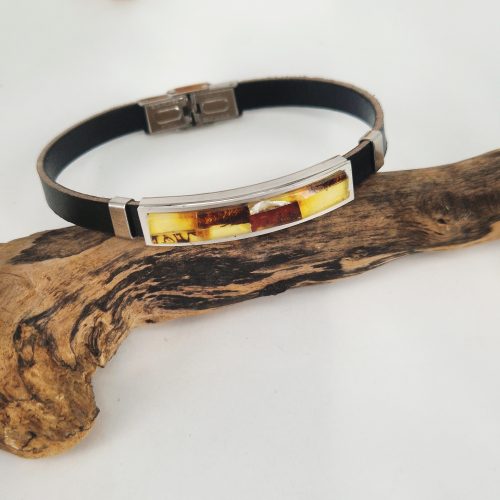 Kunstlederarmband mit Bernstein-Mosaik auf Edelstahl schmal